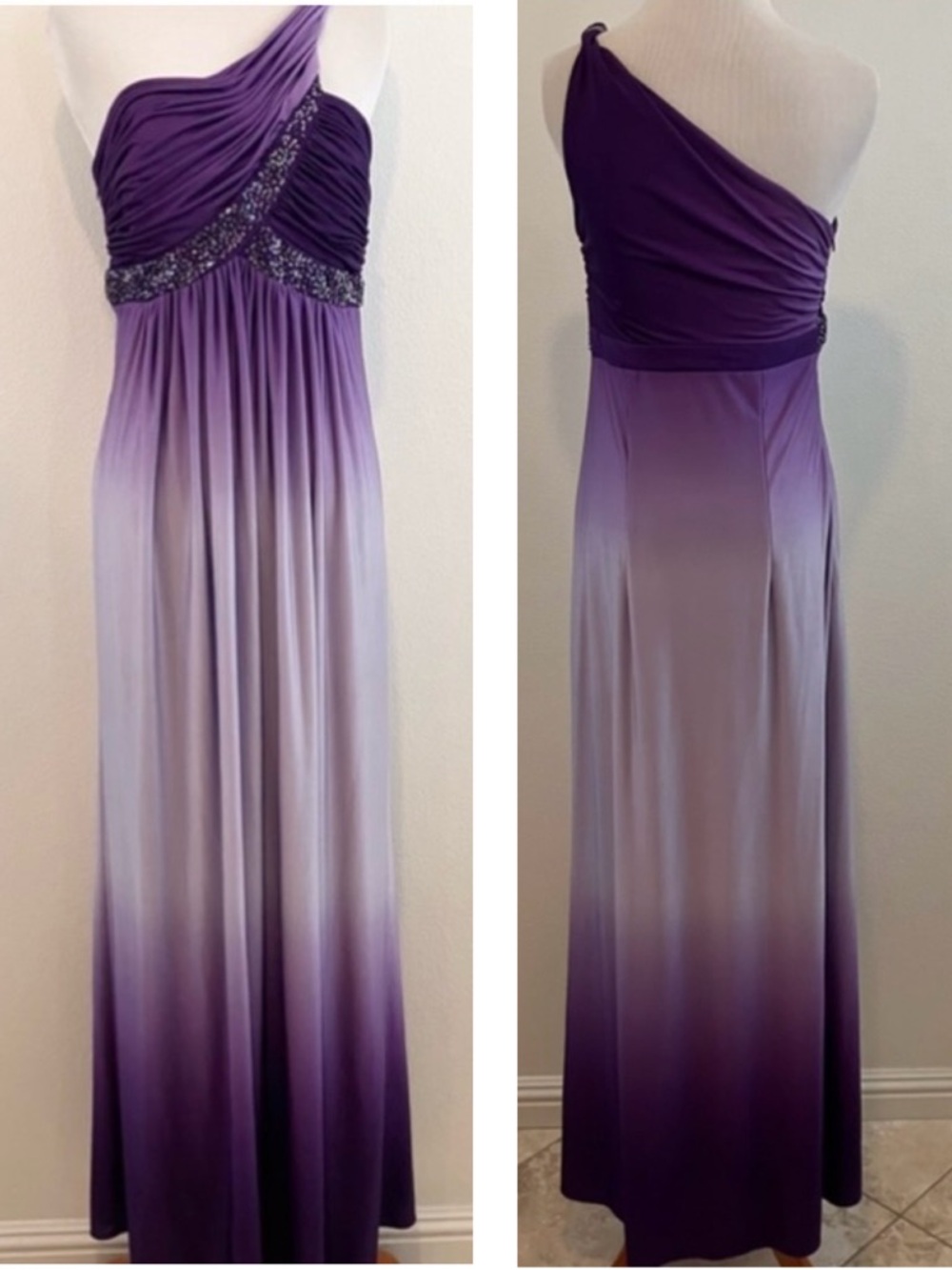 One-Shoulder Ombre Purple Evening Dress with Beaded Waist